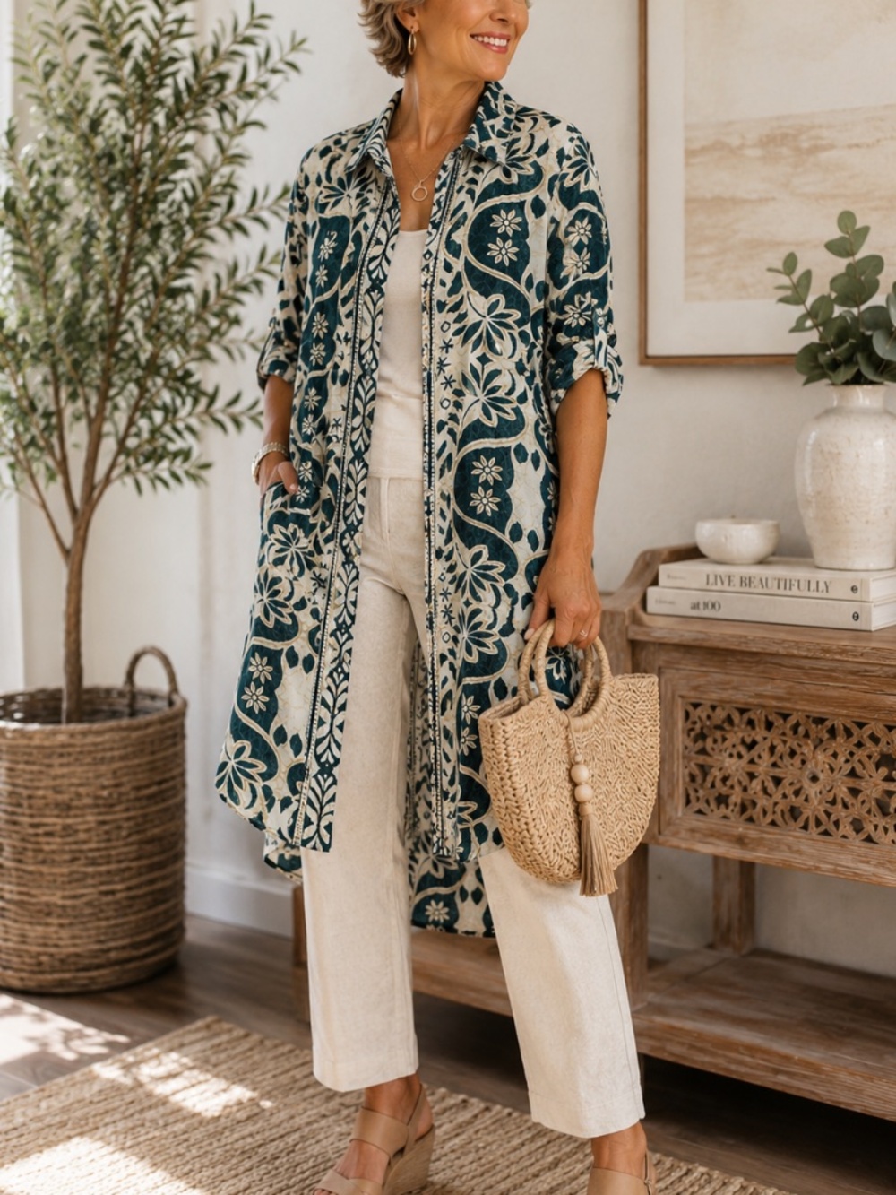✨ Platinum Fashion Long Tunic Shirt – Petrol, Cream & Gold – NWT